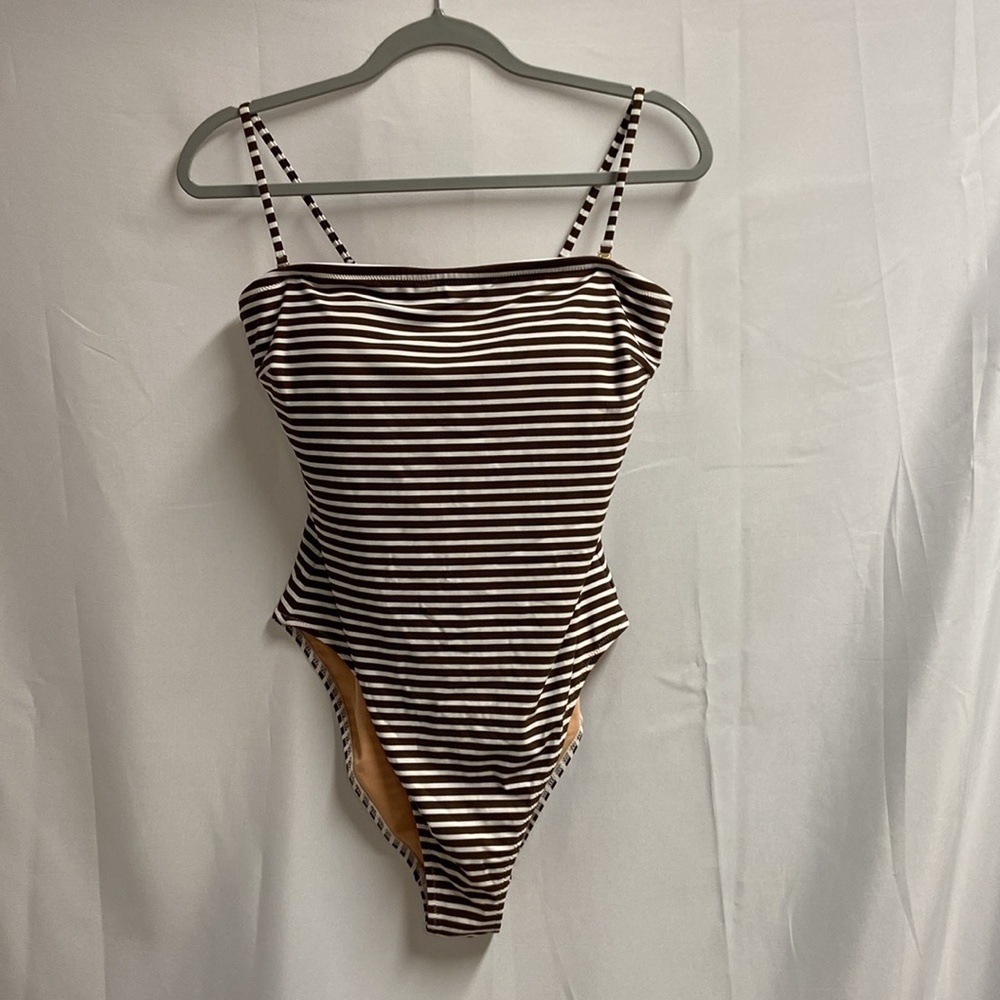 J. Crew Bandeau One Piece Bathing Suit in Bold Stripe White/Brown Size 10 NWT - Picture 4 of 7